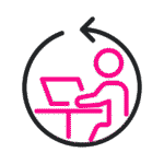 Dibujo lineal de una persona sentada en un escritorio trabajando en una computadora portátil, rodeada por una flecha.